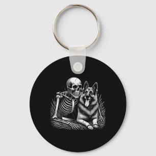 Funny Skeleton Skull With German Shepherd Dog Key Ring