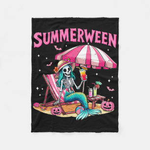 Funny Skeleton Summerween Mermaid Beach Halloween  Fleece Blanket
