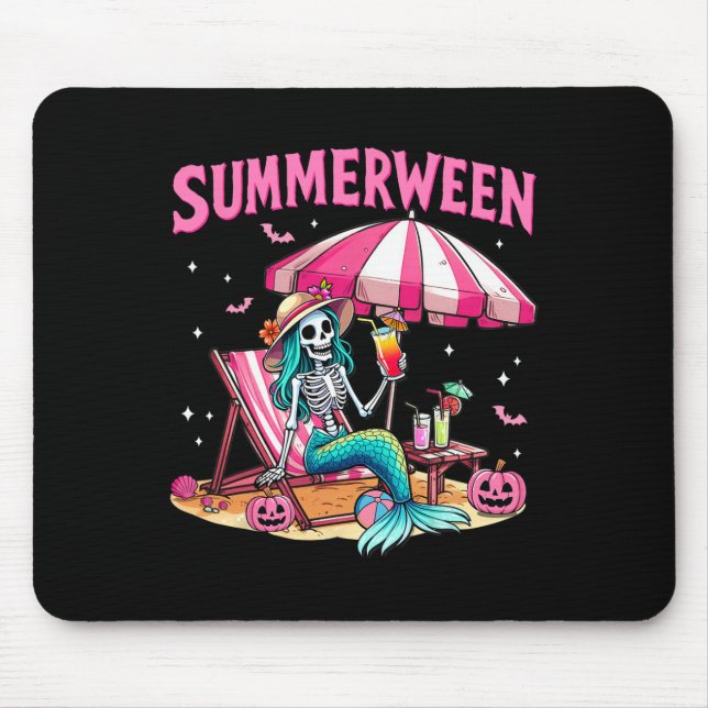 Funny Skeleton Summerween Mermaid Beach Halloween  Mouse Mat (Front)