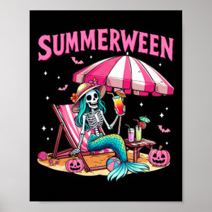 Funny Skeleton Summerween Mermaid Beach Halloween Poster