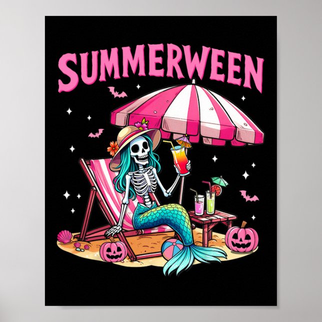 Funny Skeleton Summerween Mermaid Beach Halloween  Poster (Front)