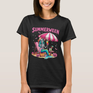 Funny Skeleton Summerween Mermaid Beach Halloween T-Shirt
