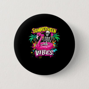 Funny Skeleton Summerween Vibes Flamingo Pool IceC 6 Cm Round Badge