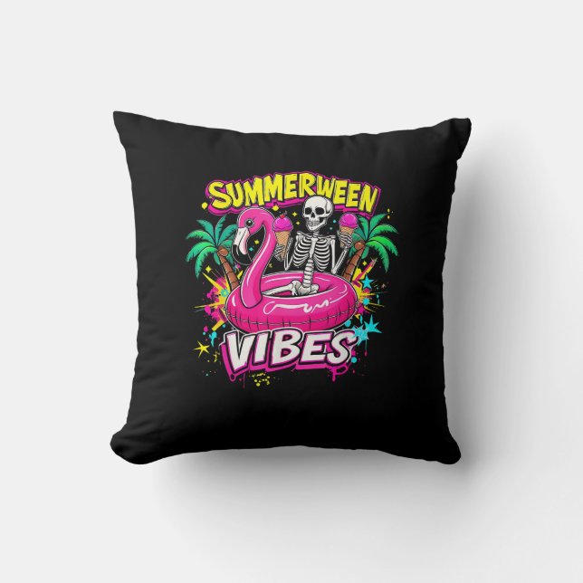 Funny Skeleton Summerween Vibes Flamingo Pool IceC Cushion (Front)