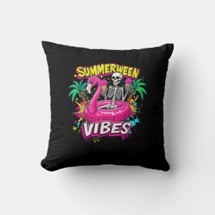 Funny Skeleton Summerween Vibes Flamingo Pool IceC Cushion
