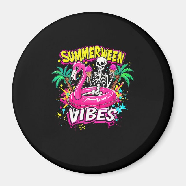 Funny Skeleton Summerween Vibes Flamingo Pool IceC Magnet (Front)
