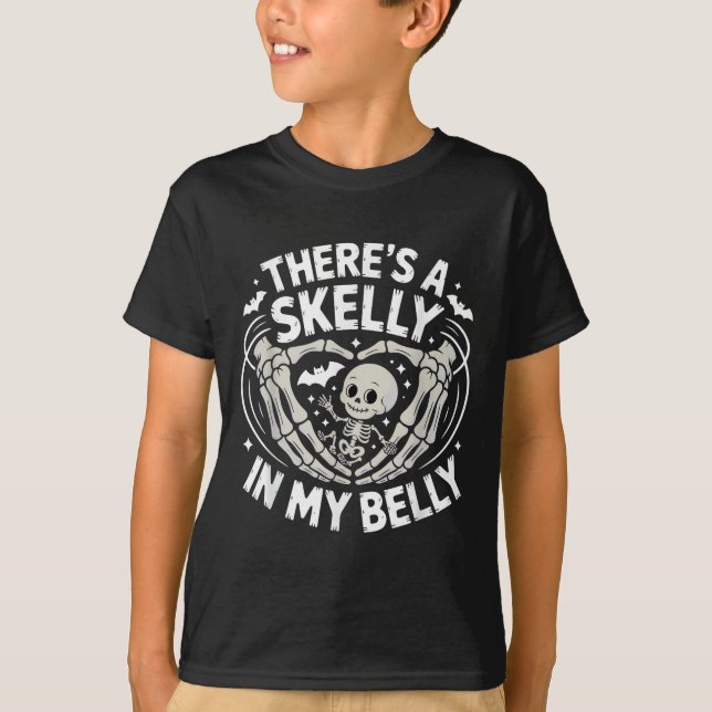Funny Skeleton There's Skelly In My Belly Pregnant T-Shirt (Front)