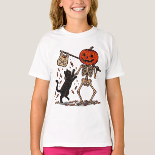 Funny Skeleton Walking Black Cat Halloween T-Shirt