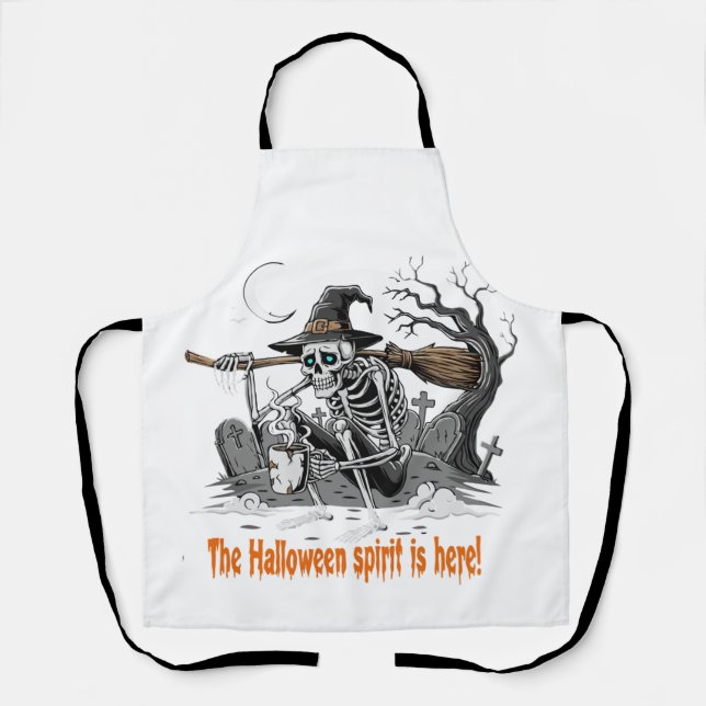 Funny Skeleton Witch Drinking Coffee | Spooky Hall Apron (Front)