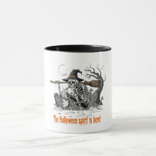 Funny Skeleton Witch Drinking Coffee   Spooky Hall Mug