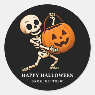 Funny Skeleton with Pumpkin Bucket Happy Halloween Classic Round Sticker