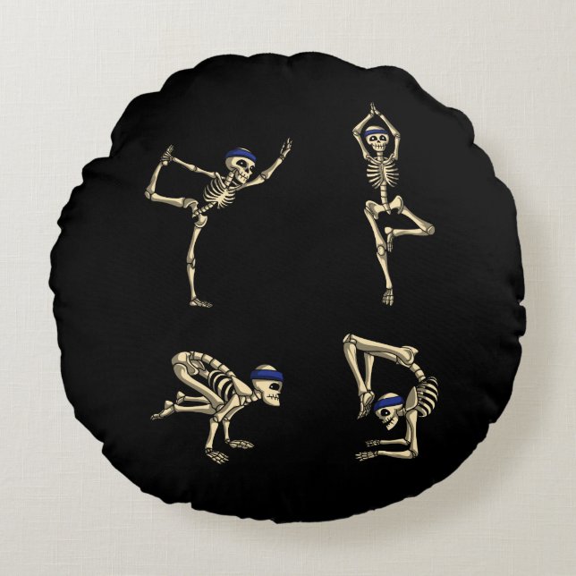 Funny Skeleton Yoga Workout Poses Halloween Round Cushion (Front)