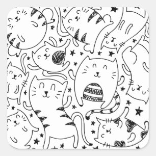 Funny sketchy dancing cats doodles pattern square sticker