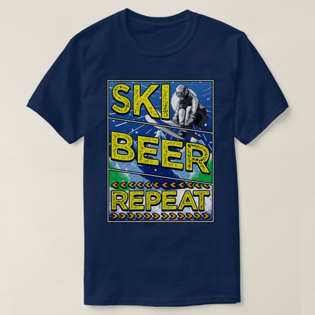 Funny Ski Beer Repeat Skiing Drinking Skiers T-Shirt (Design Front)