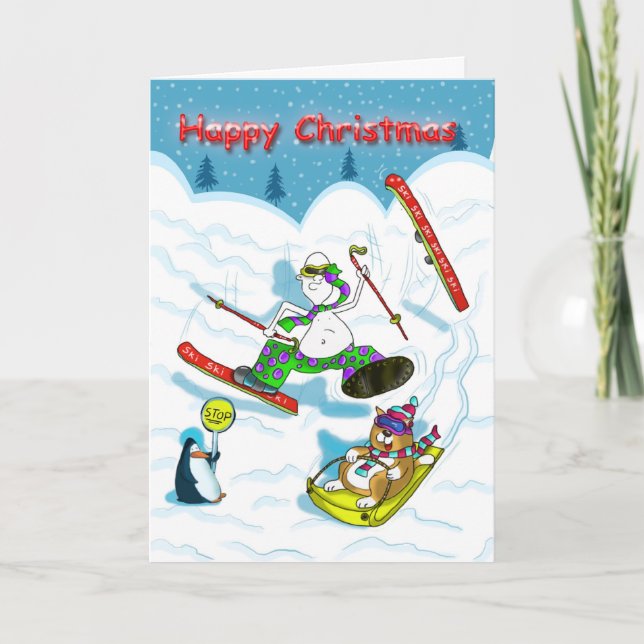 Funny skiing Christmas card, fat cat & Duncan Holiday Card (Front)