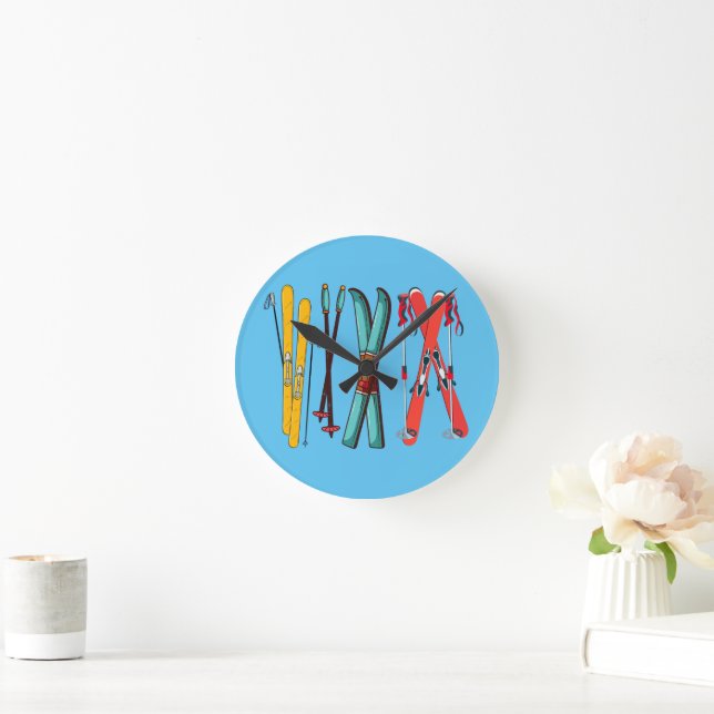 Funny Skiing Colourful Ski Skier  Round Clock (Home)