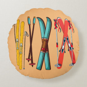 Funny Skiing Colourful Ski Skier Round Cushion
