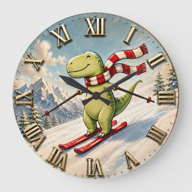 Funny Skiing Dinosaur Cute Winter T-Rex Ski  Large Clock (Front)