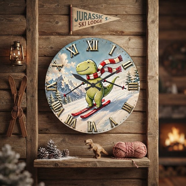 Funny Skiing Dinosaur Cute Winter T-Rex Ski  Large Clock (Creator Uploaded)