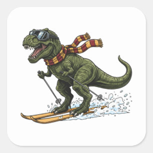 Funny Skiing T-Rex Square Sticker
