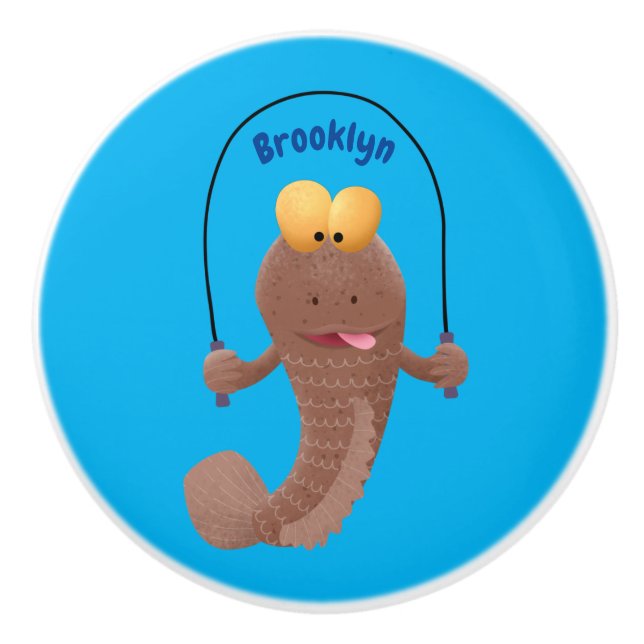 Funny skipping mudskipper fish cartoon   ceramic knob (Front)