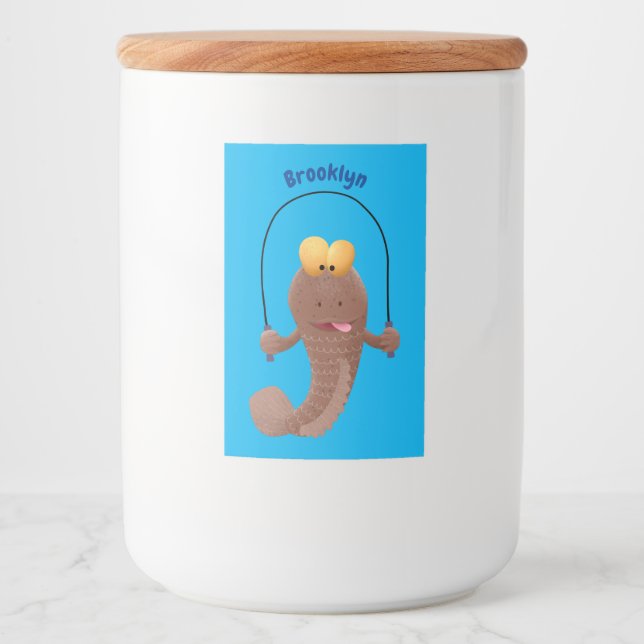 Funny skipping mudskipper fish cartoon food label (Front)