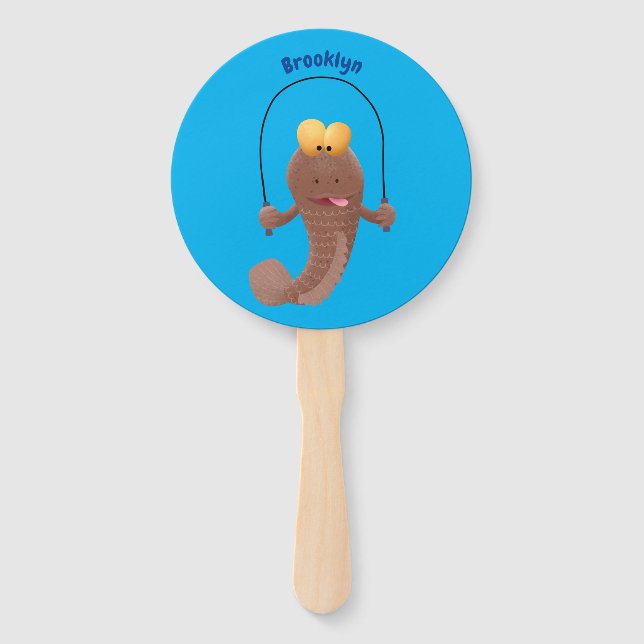 Funny skipping mudskipper fish cartoon hand fan (Front)