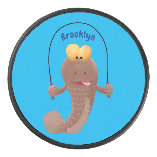 Funny skipping mudskipper fish cartoon hockey puck (Front)