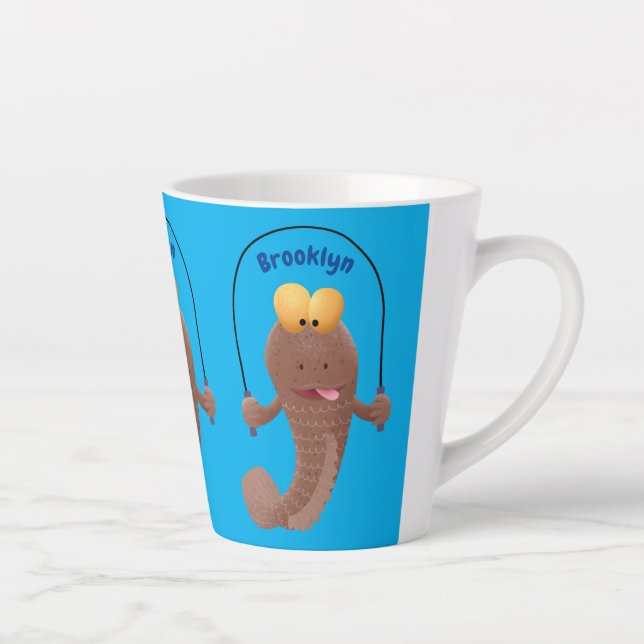 Funny skipping mudskipper fish cartoon  latte mug (Right)