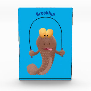 Funny skipping mudskipper fish cartoon  photo block