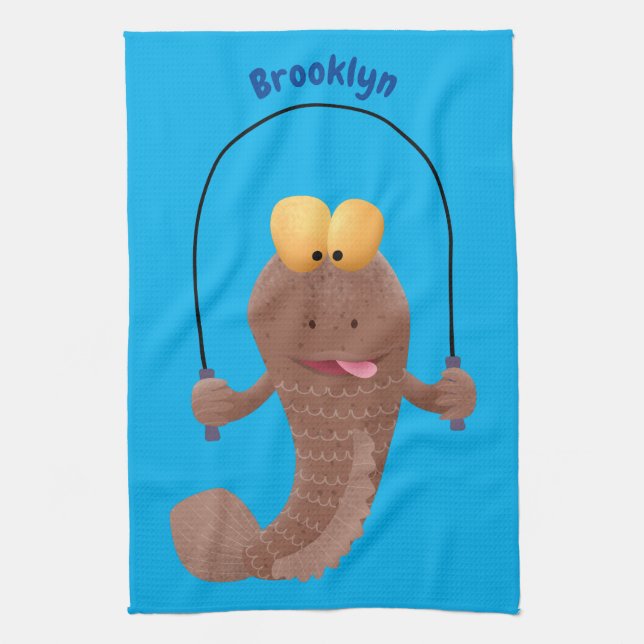 Funny skipping mudskipper fish cartoon tea towel (Vertical)