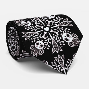 Funny Skull Black And White Halloween Tie