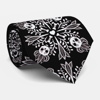 Funny Skull Black And White Halloween Tie