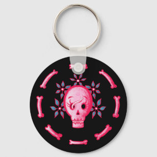 Funny Skull Design - Pink Skull with Happy Worm Key Ring