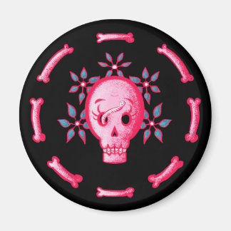 Funny Skull In Pink With Flowers And Bones Magnet