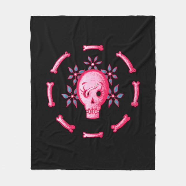 Funny Skull Pink Halloween Whimsigoth Fleece Blanket (Front)