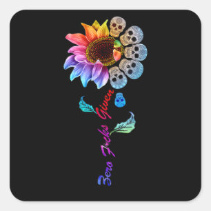 Funny Skull Rainbow Sunflower Square Sticker