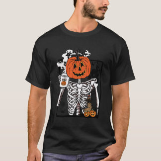Funny Skull Skeleton Coffee Cups Retro Pumpkin Hal T-Shirt