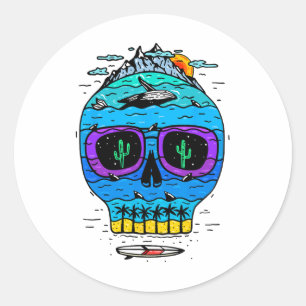 Funny Skull Surfing Vacation Tropical Paradise Exo Classic Round Sticker
