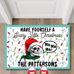 Funny Skull Wearing A Santa Hat Gothic Christmas Doormat