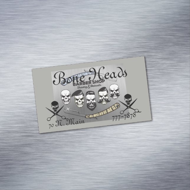 Funny Skulls and Cross Scissors & Razor on a Magnetic Business Card (In Situ)