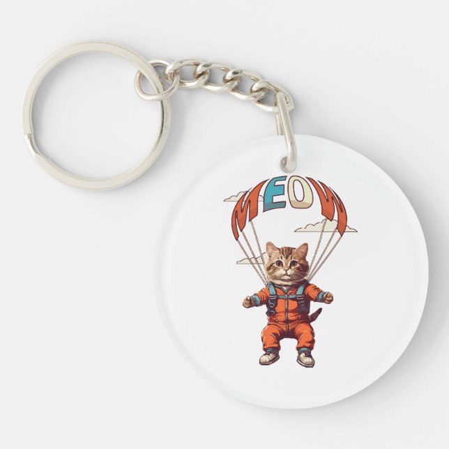 Funny Skydiving Cat Key Ring (Front)