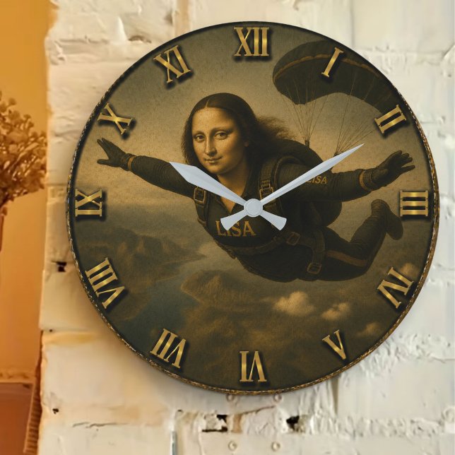 Funny Skydiving Mona Lisa Parachute Skydiver Gift Large Clock (Creator Uploaded)