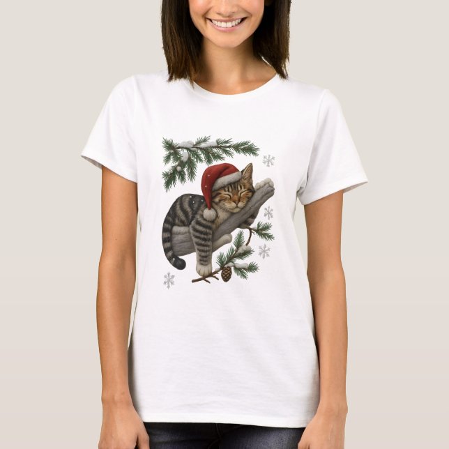 Funny Sleeping Christmas Cat with Santa Hat T-Shirt (Front)