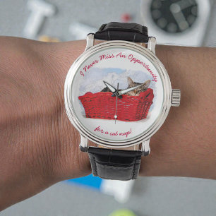 Funny Sleeping Kitten In Red Basket Photo Custom Watch