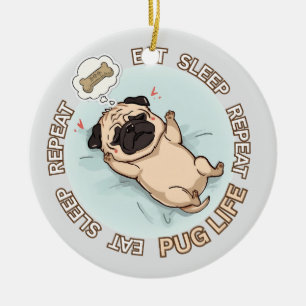 Funny Sleeping Pug Ornament   Eat Sleep Repeat Dog