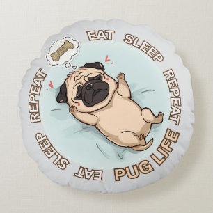 Funny Sleeping Pug Round Pillow Eat Sleep Repeat