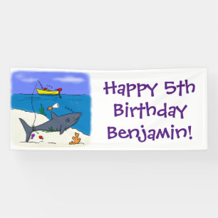 Funny sleeping shark and fishing cartoon banner