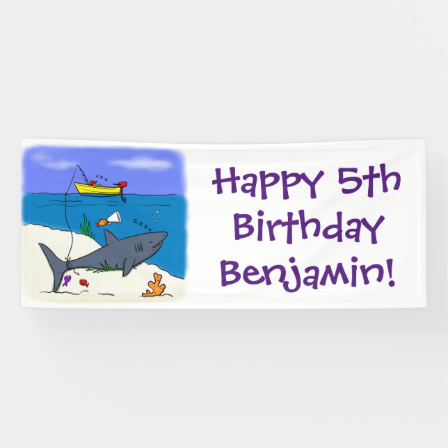 Funny sleeping shark and fishing cartoon banner (Horizontal)