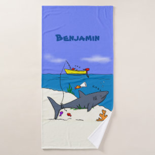 Funny sleeping shark and fishing cartoon bath towel set
